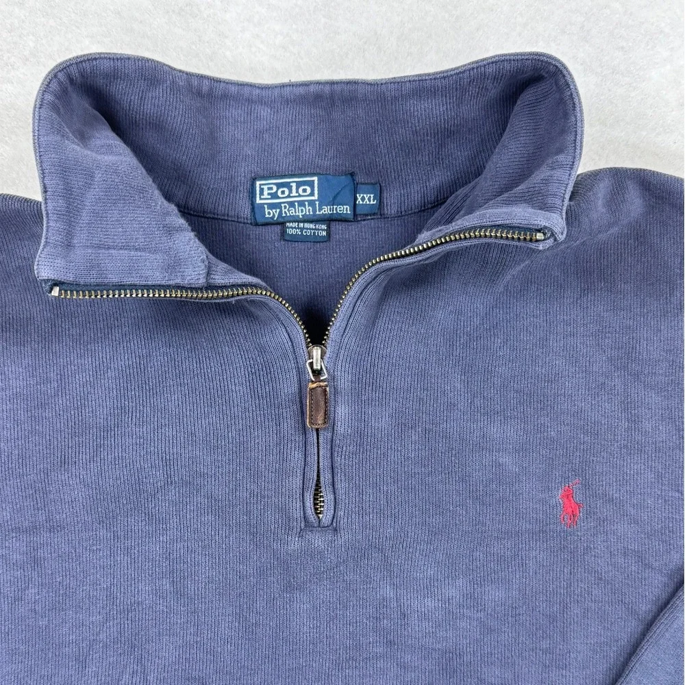 Polo Ralph Lauren Mens XXL Navy‎ Blue 1/4 Zip Pullover Cotton Rib Knit Vintage